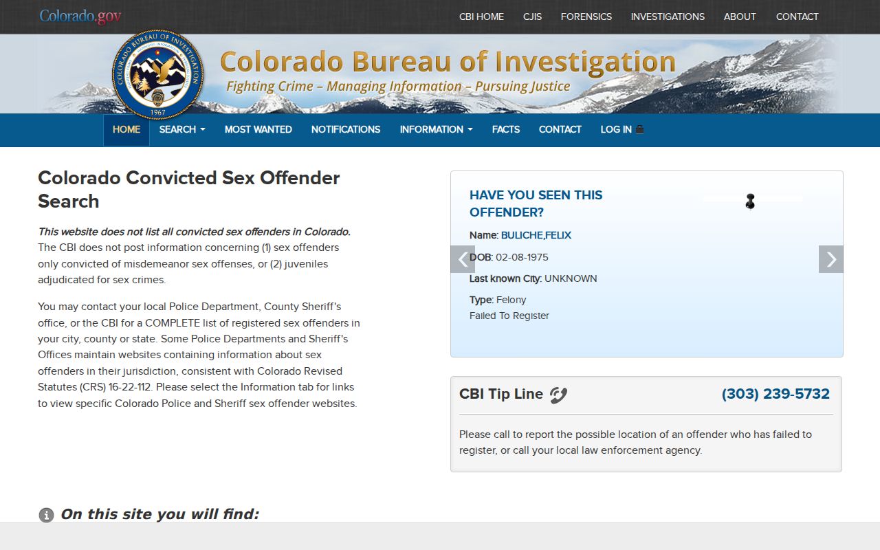 Colorado Sex Offender Registry public search page