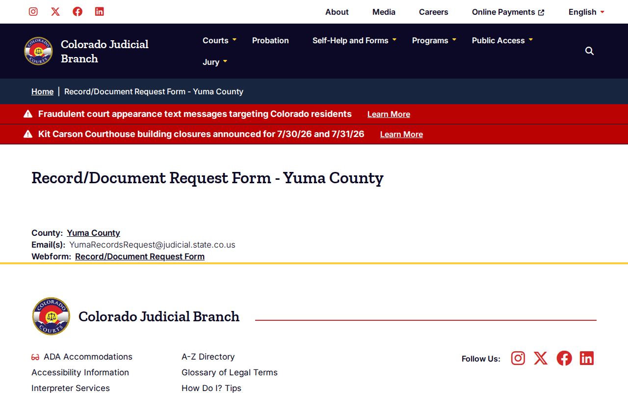 Colorado Judicial Branch official court record request form page