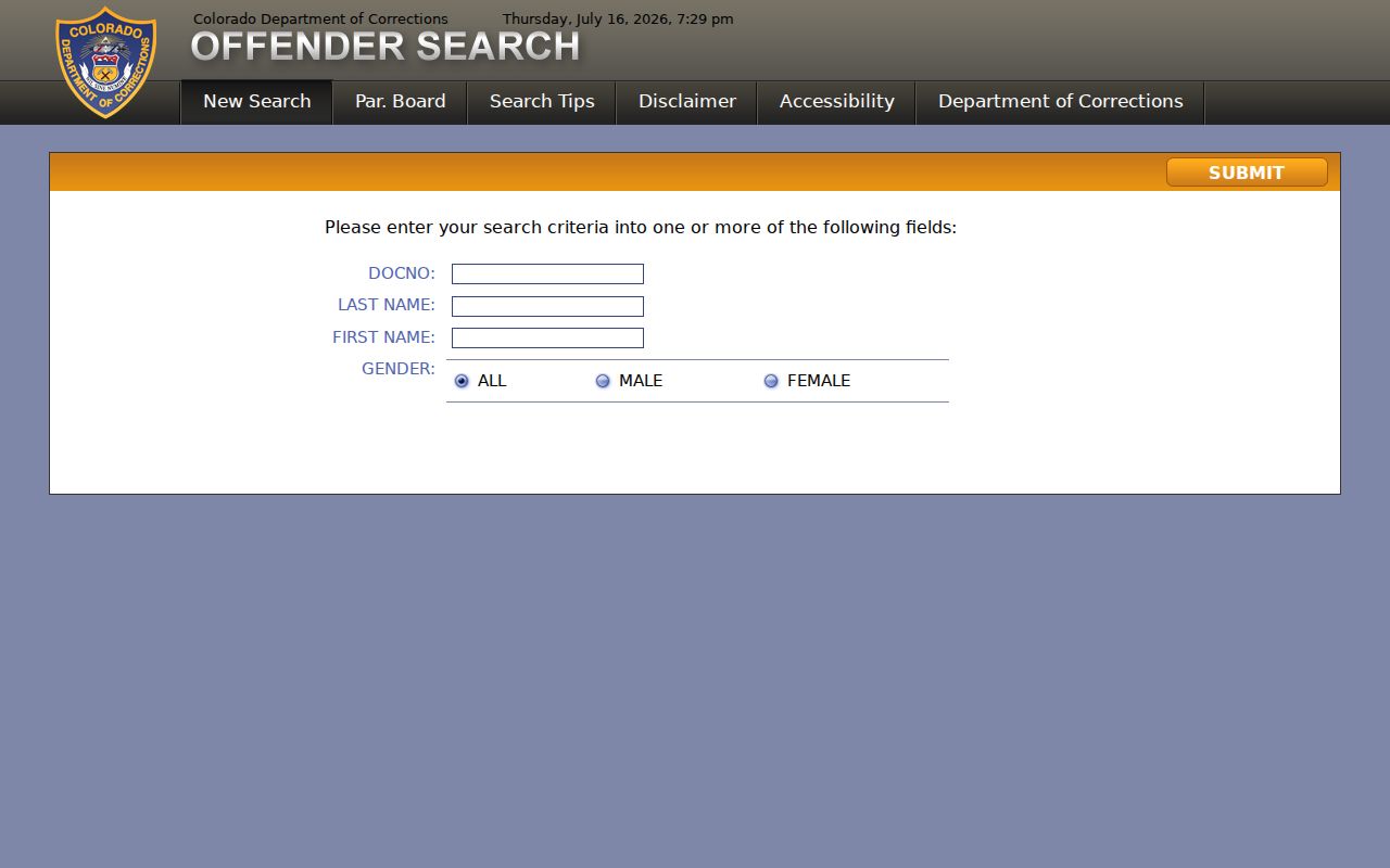 Colorado Department of Corrections inmate search interface