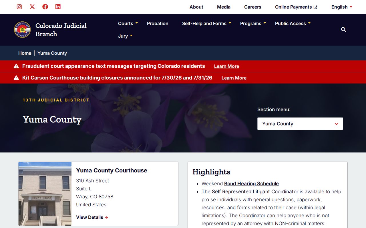 Colorado Judicial Branch Yuma County trial court page