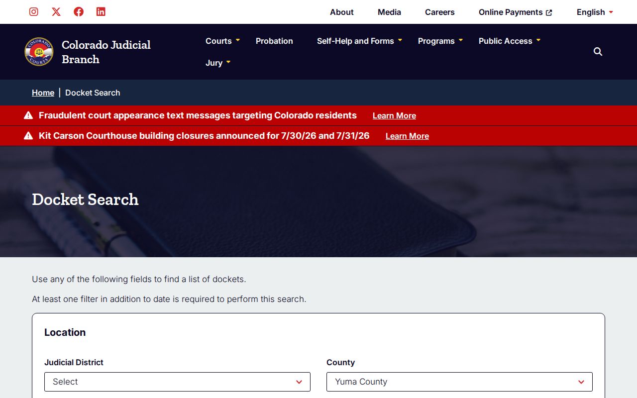 Colorado Judicial Branch docket search filtered for Wray-based Yuma County courts