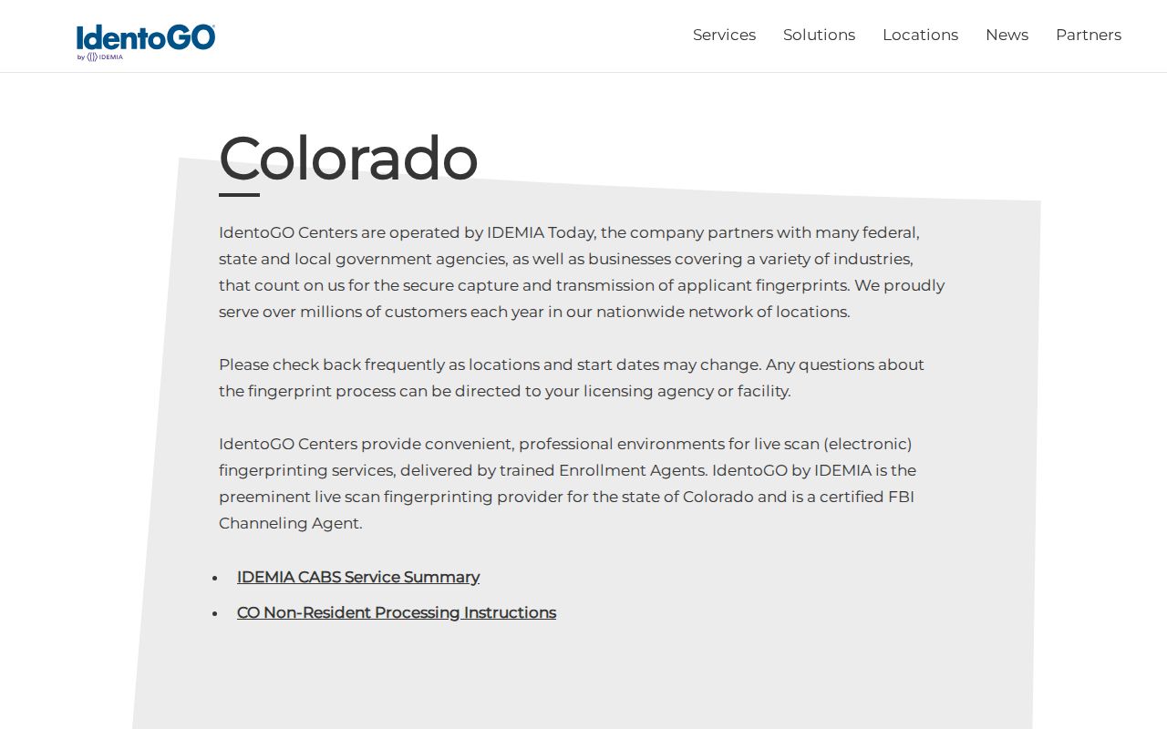 IdentoGO Colorado fingerprint appointment directory for official record review from Wray