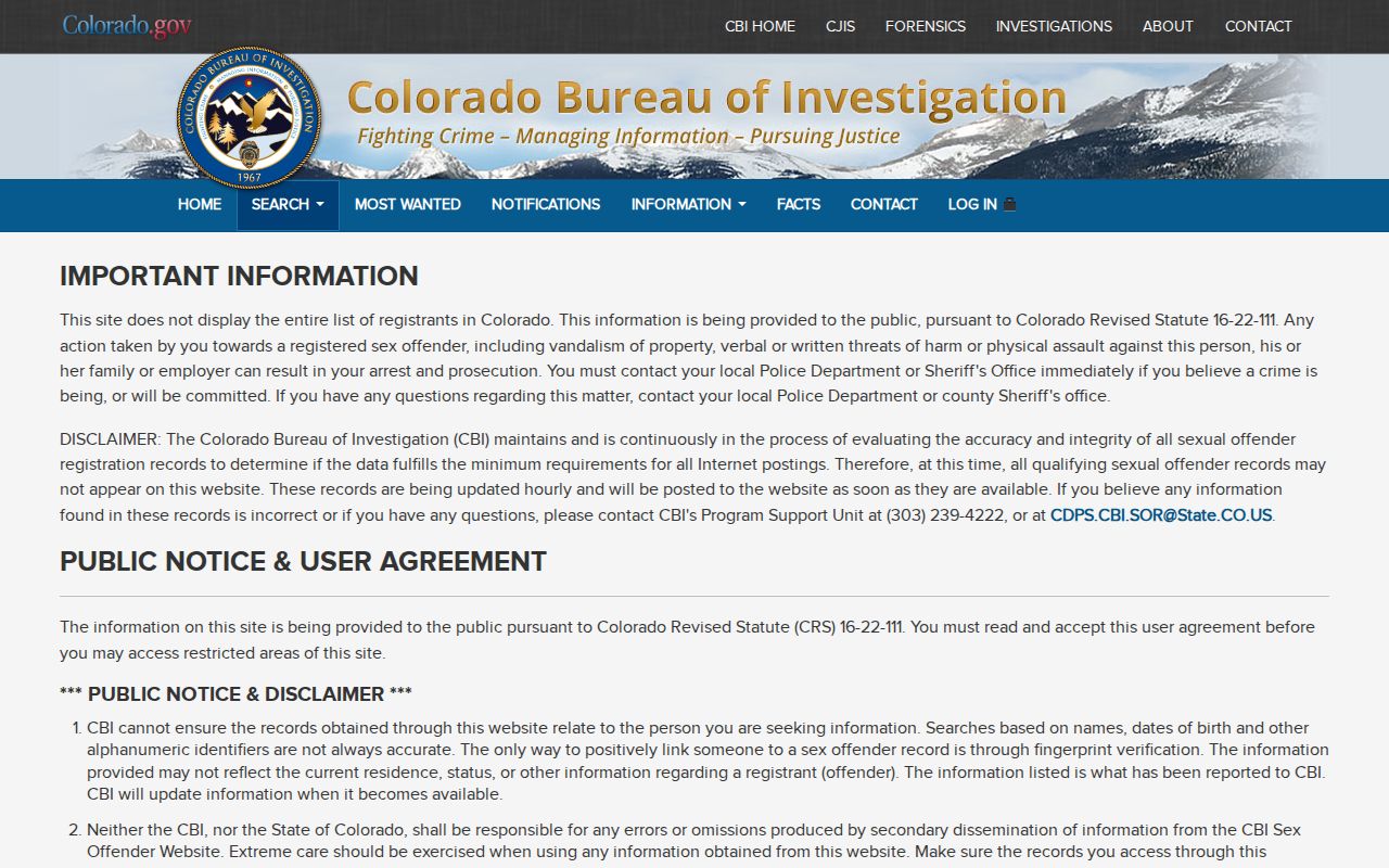 Colorado Sex Offender Registry profile interface used for an Eckley location search