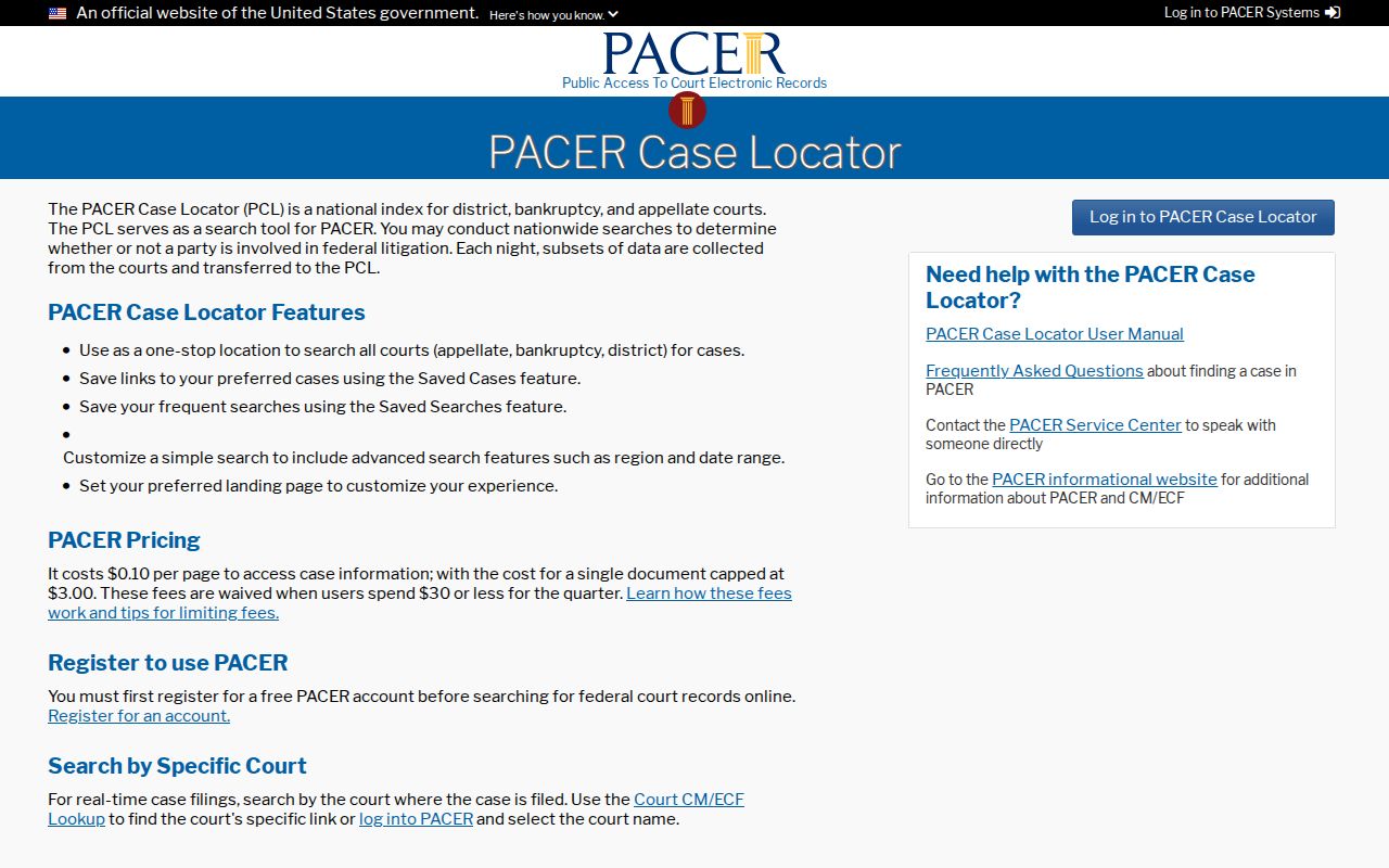 PACER Case Locator showing the separate federal court record layer for an Eckley search